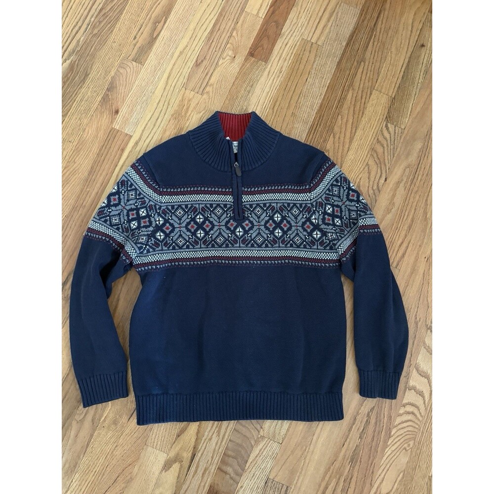 LL Bean Quarter Zip Sweater Mens Large Blue Snowflake Birdseye‎ Knit